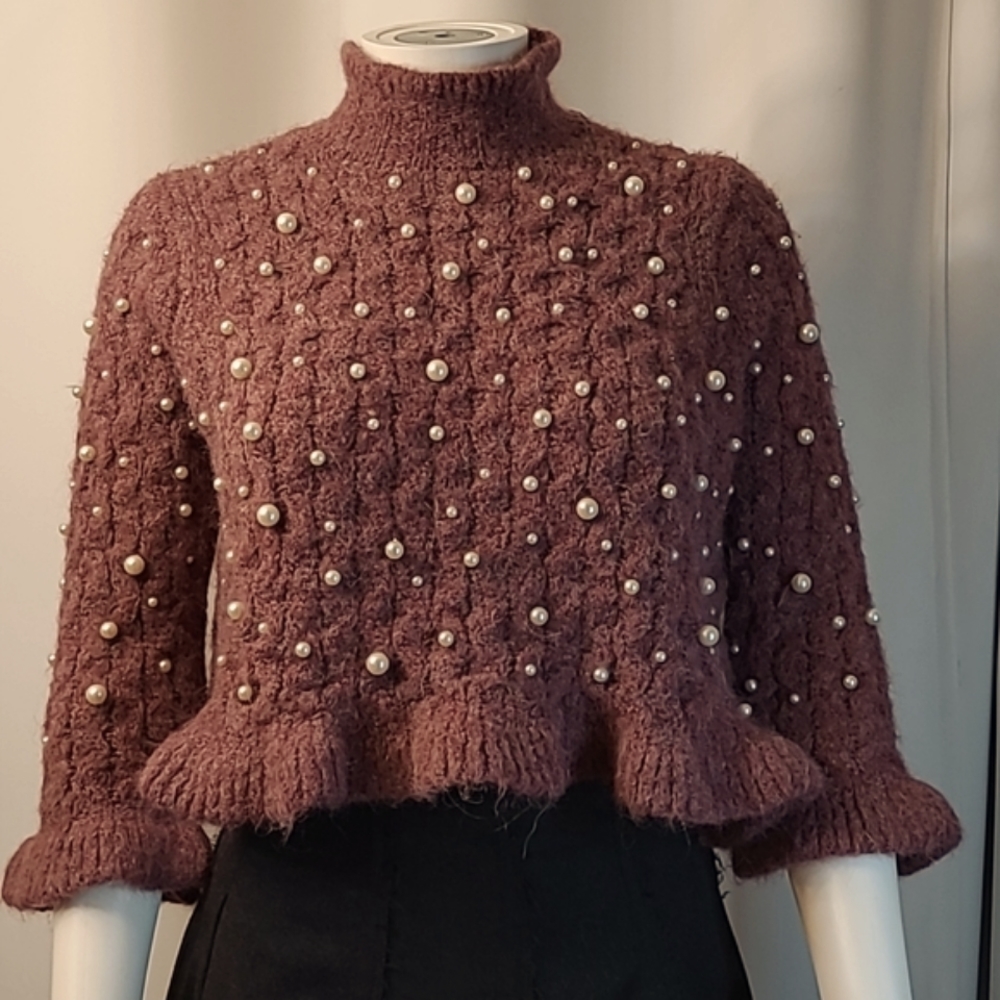 Zara Pearl Embellished Ruffle Sweater